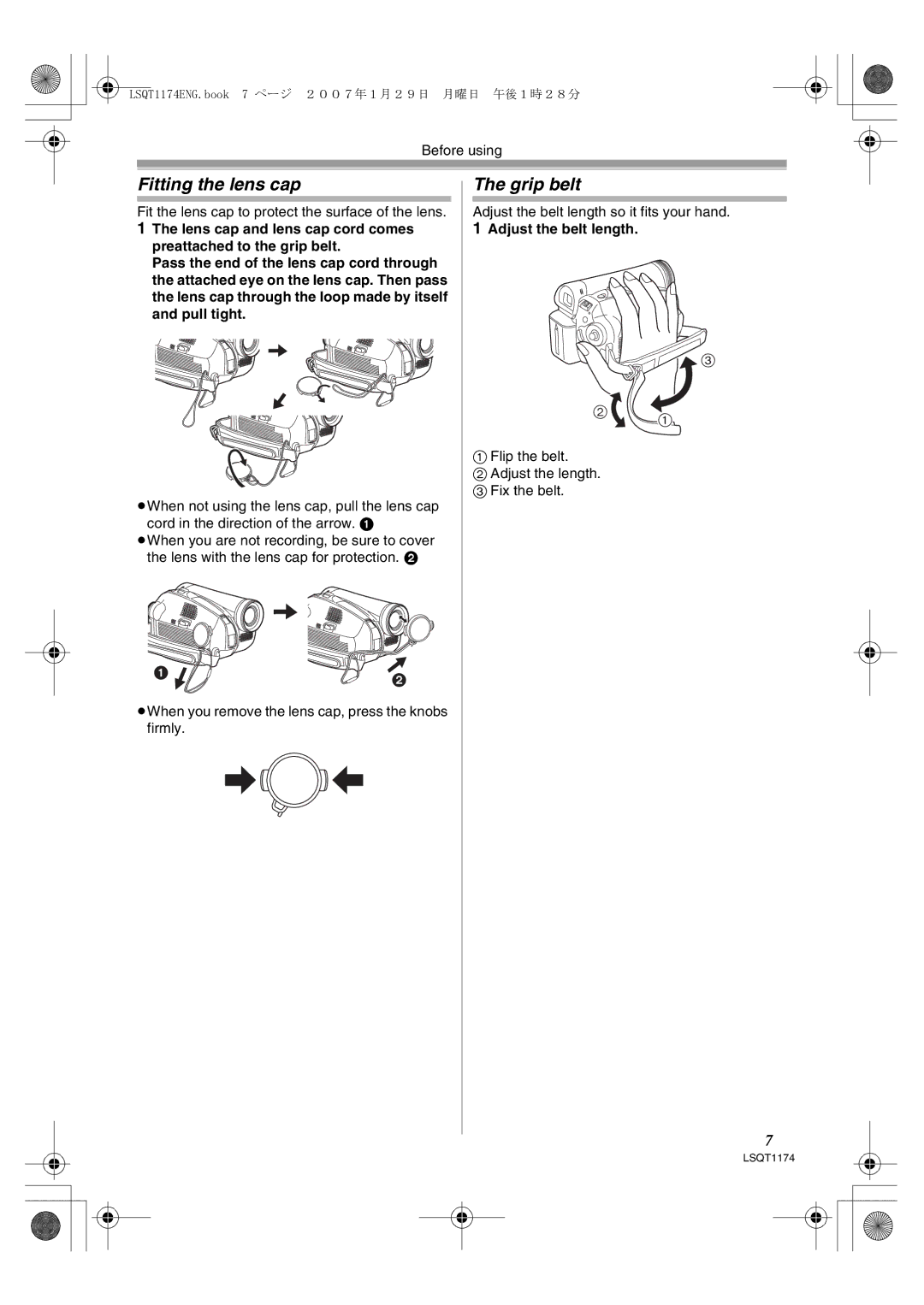 Panasonic NV-GS60GN operating instructions Fitting the lens cap, Grip belt, Adjust the belt length 