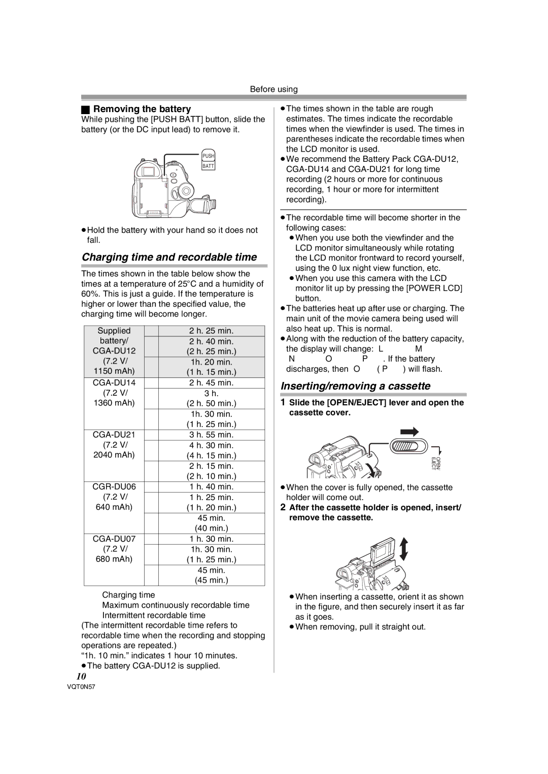 Panasonic NV-GS75EB Charging time and recordable time, Inserting/removing a cassette, Removing the battery 