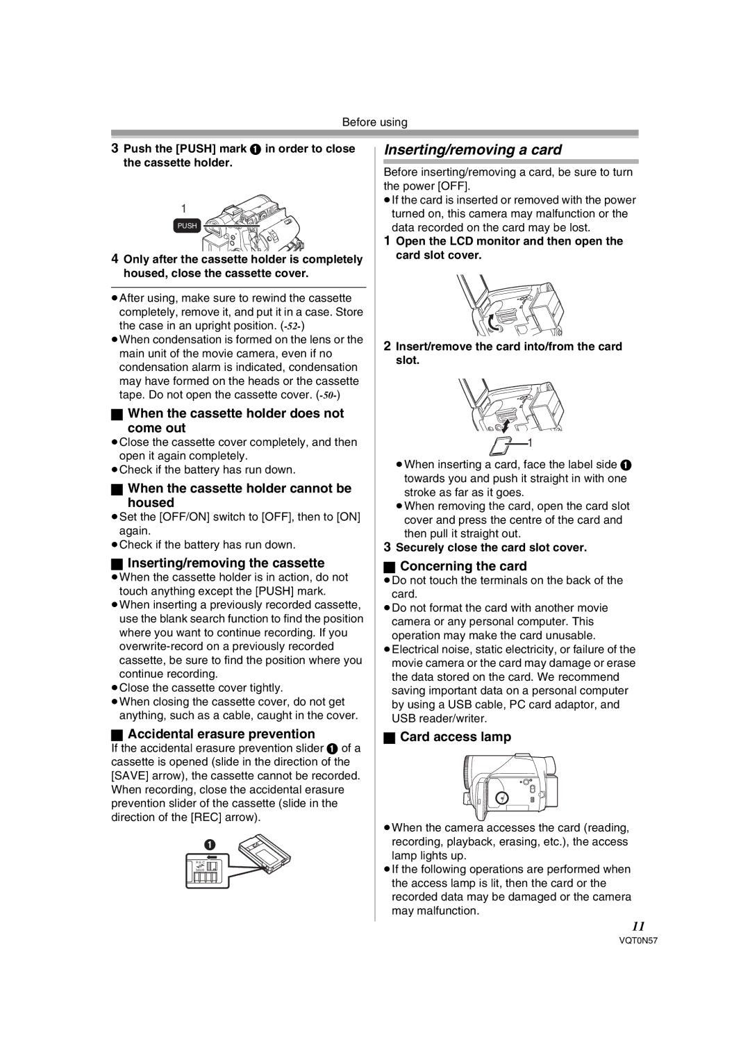 Panasonic NV-GS75EB operating instructions Inserting/removing a card 