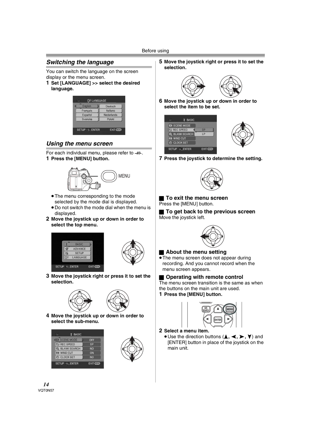 Panasonic NV-GS75EB operating instructions Switching the language, Using the menu screen 