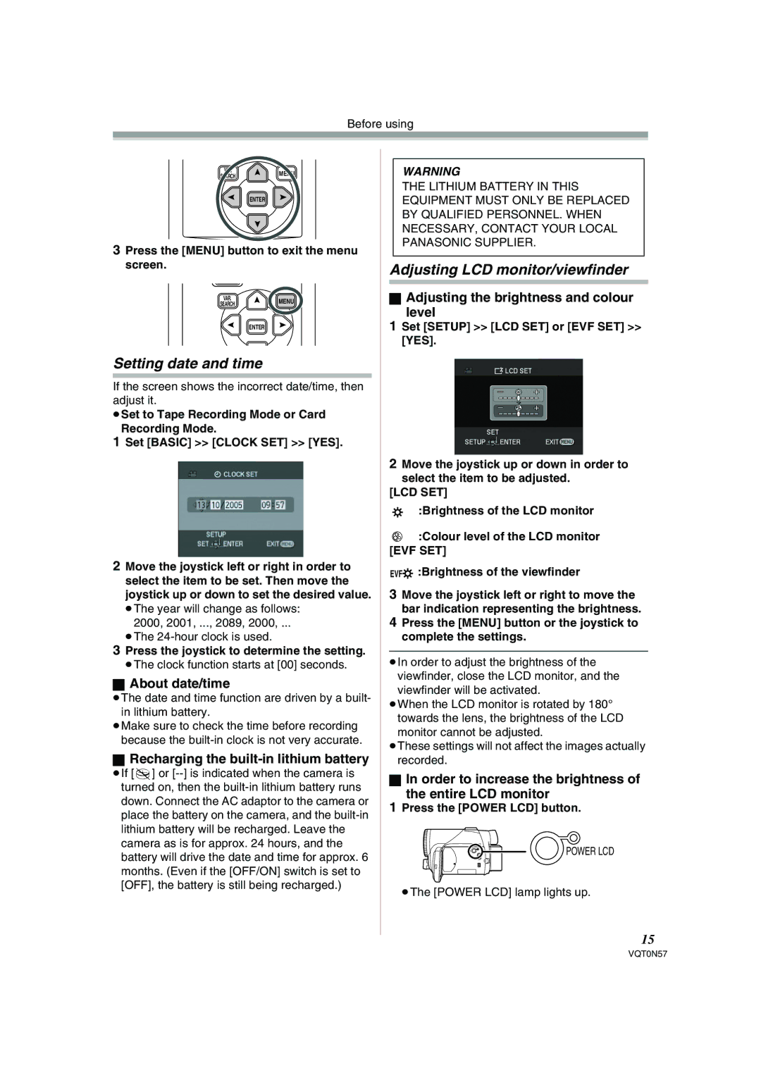 Panasonic NV-GS75EB operating instructions Setting date and time, Adjusting LCD monitor/viewfinder 