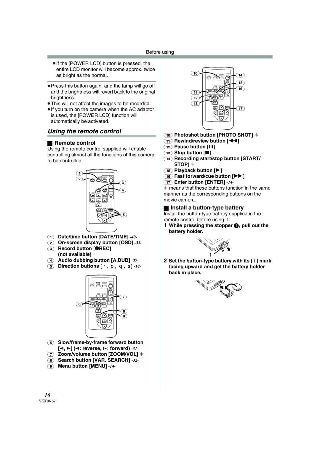 Panasonic NV-GS75EB operating instructions Using the remote control, Remote control, Install a button-type battery 