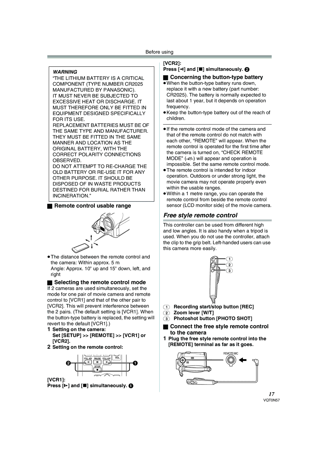 Panasonic NV-GS75EB Free style remote control, Remote control usable range, Selecting the remote control mode 