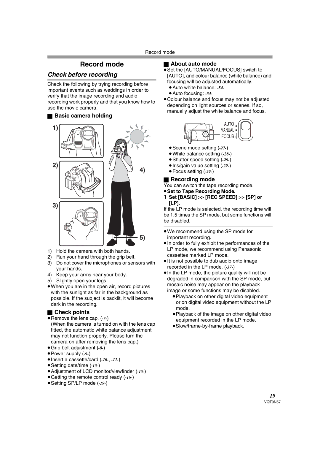 Panasonic NV-GS75EB operating instructions Record mode, Check before recording 