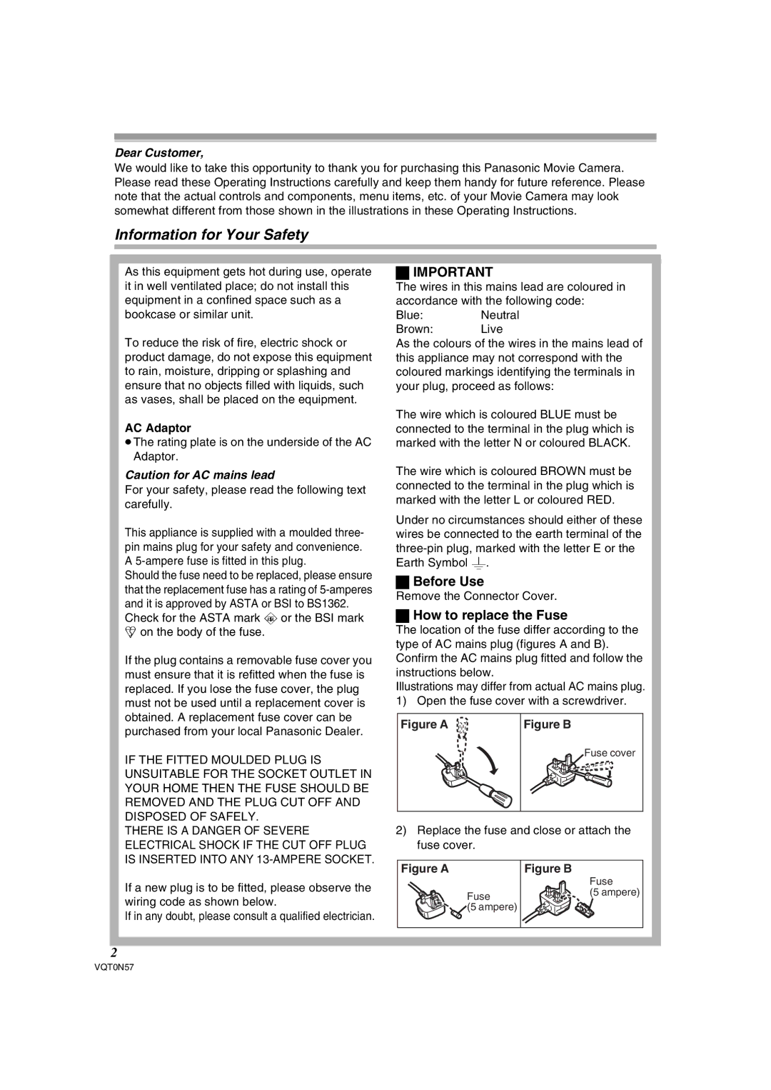 Panasonic NV-GS75EB operating instructions Information for Your Safety, Before Use, How to replace the Fuse, AC Adaptor 