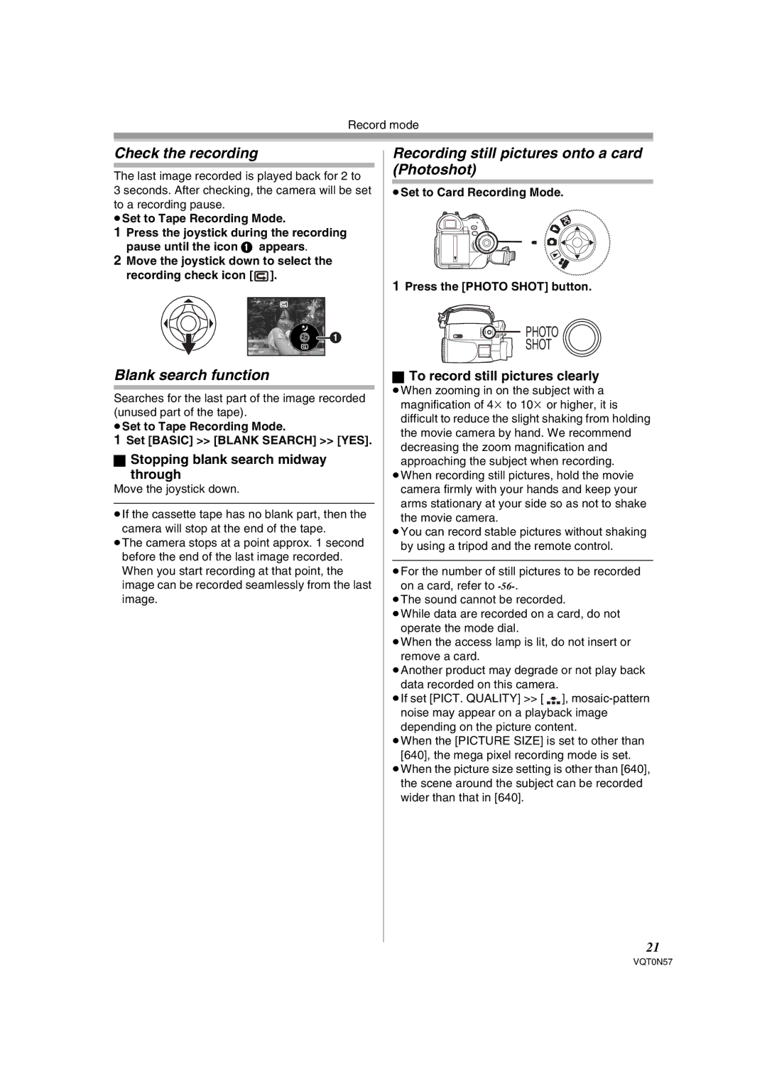 Panasonic NV-GS75EB Check the recording, Blank search function, Recording still pictures onto a card Photoshot 