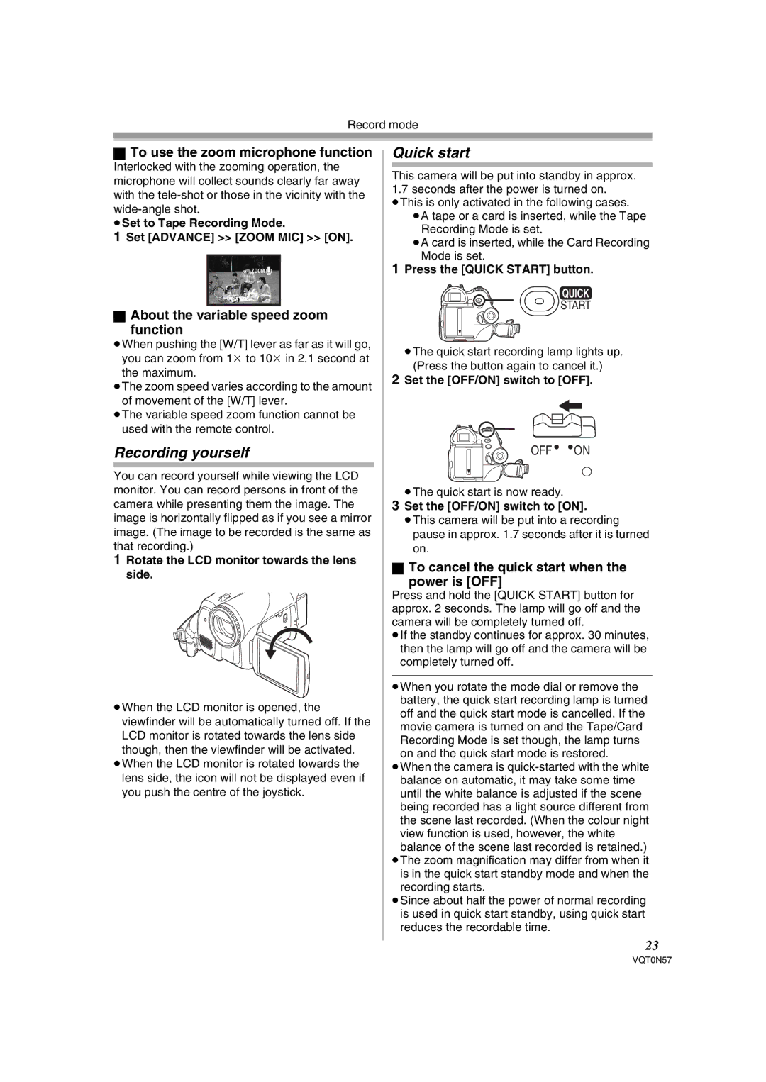 Panasonic NV-GS75EB operating instructions Recording yourself, Quick start, To use the zoom microphone function 