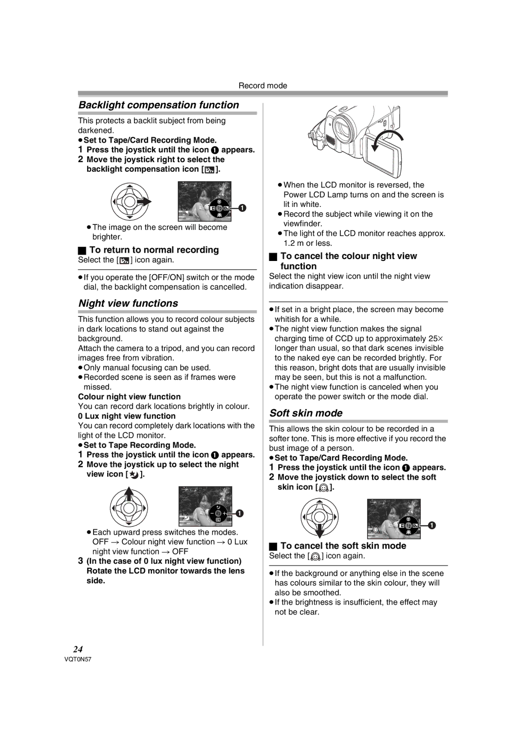 Panasonic NV-GS75EB operating instructions Backlight compensation function, Night view functions, Soft skin mode 