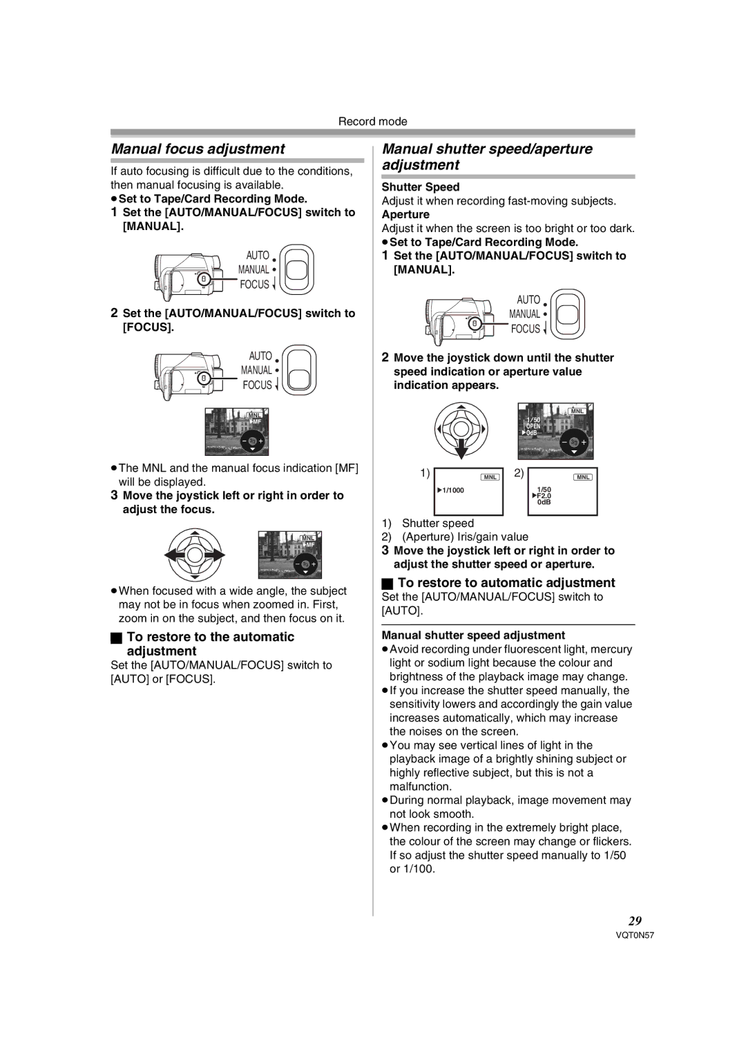 Panasonic NV-GS75EB Manual focus adjustment, Manual shutter speed/aperture adjustment, To restore to automatic adjustment 