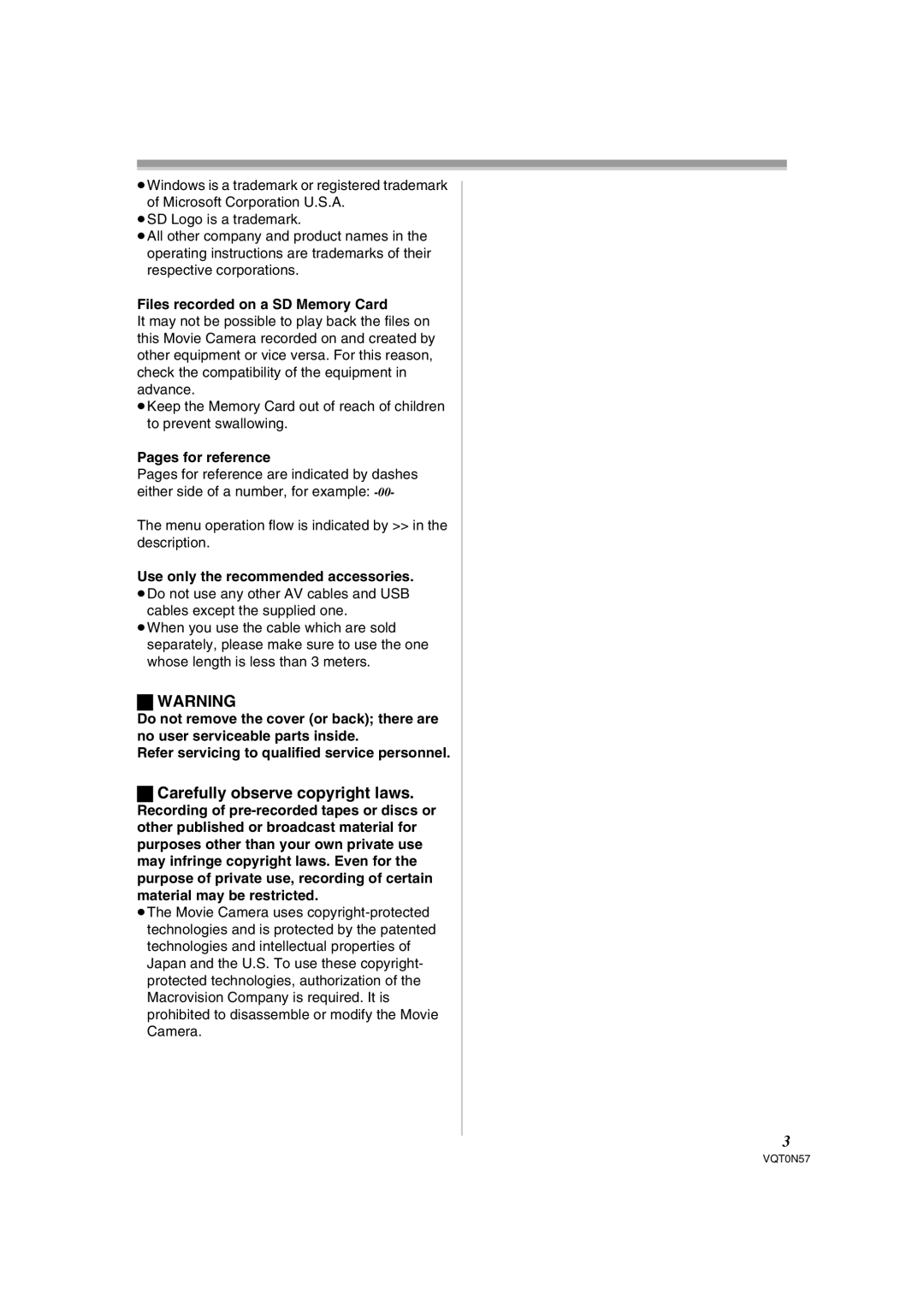 Panasonic NV-GS75EB Carefully observe copyright laws, Files recorded on a SD Memory Card, Pages for reference 