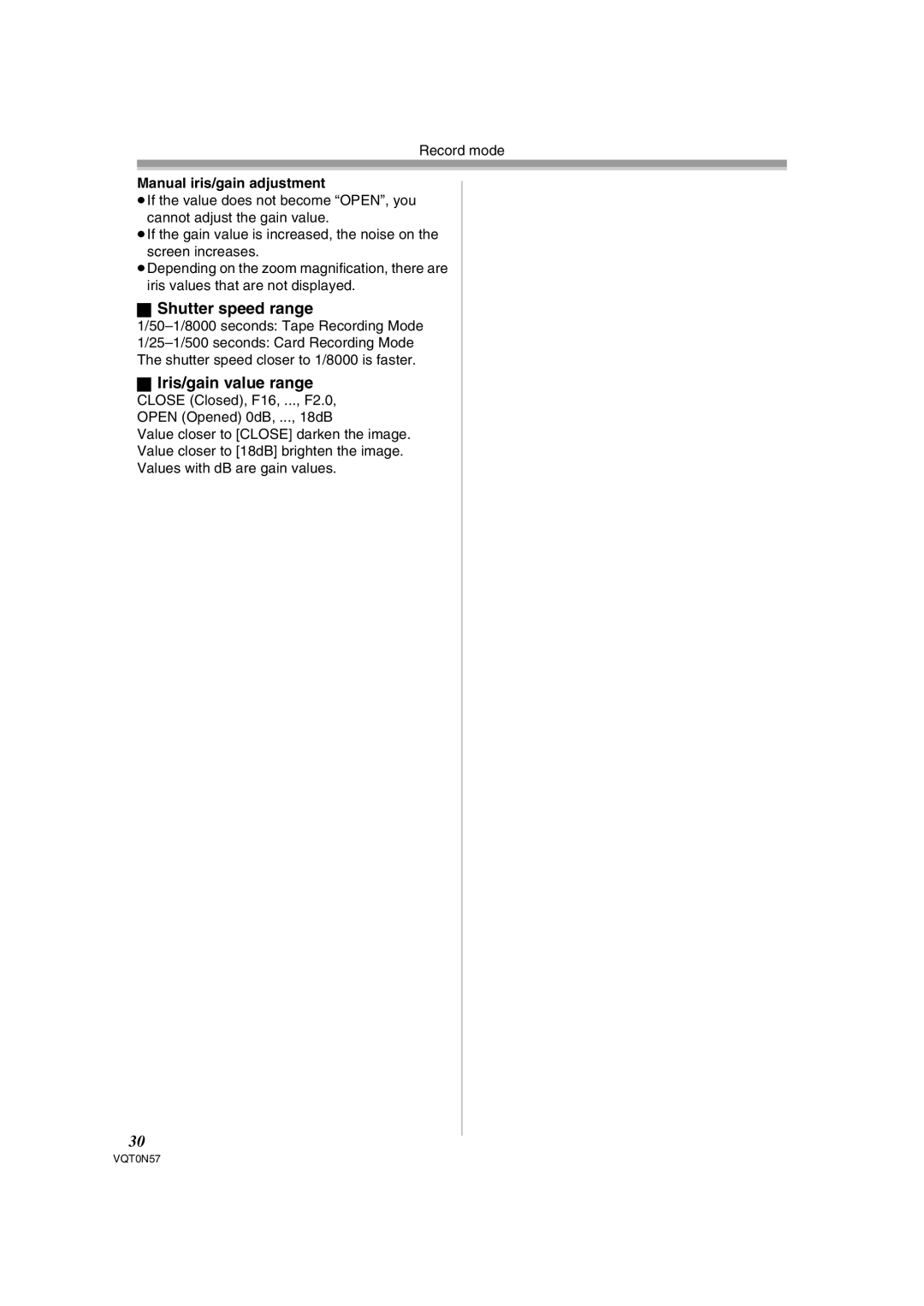 Panasonic NV-GS75EB operating instructions Shutter speed range, Iris/gain value range, Manual iris/gain adjustment 