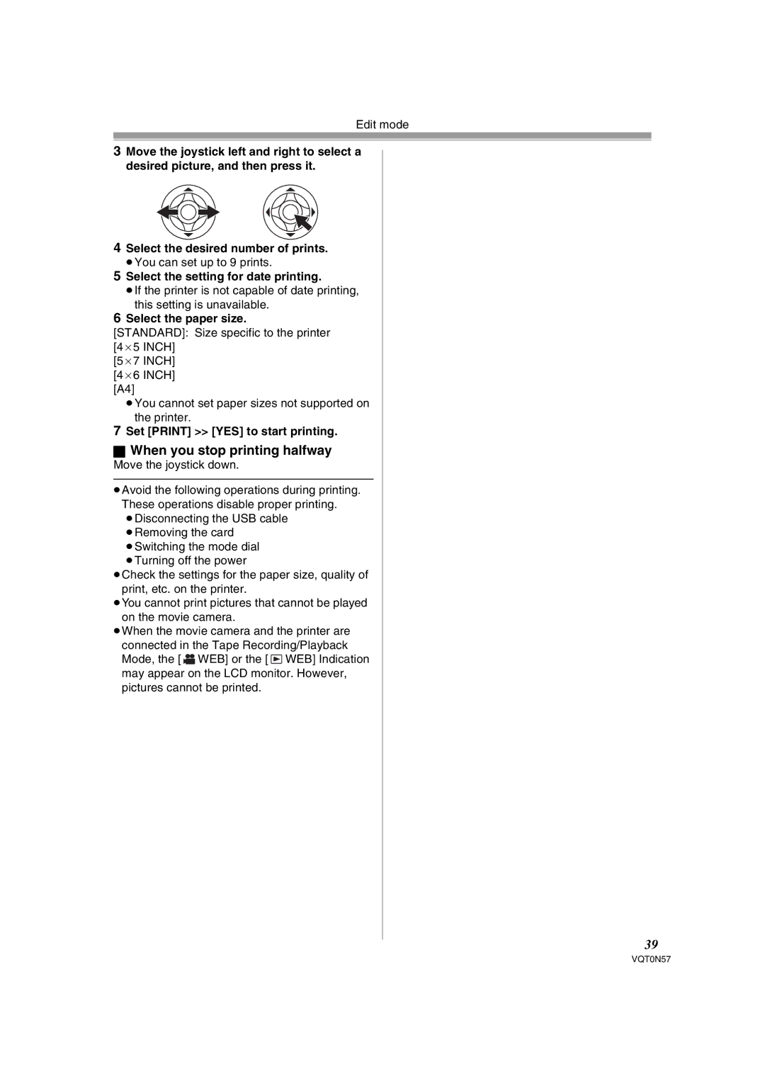 Panasonic NV-GS75EB When you stop printing halfway, Select the desired number of prints, Select the paper size 