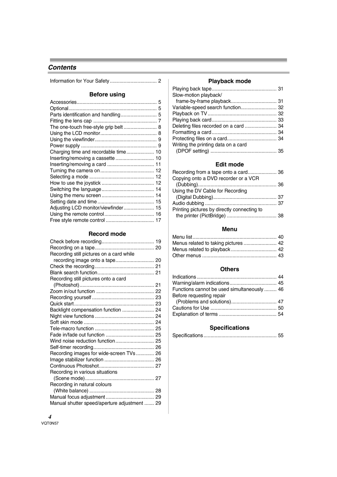 Panasonic NV-GS75EB operating instructions Contents 