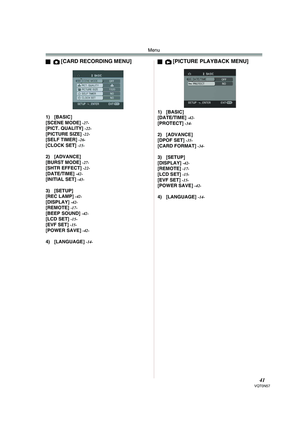 Panasonic NV-GS75EB operating instructions Card Recording Menu, Picture Playback Menu, Basic DATE/TIME -42-PROTECT 