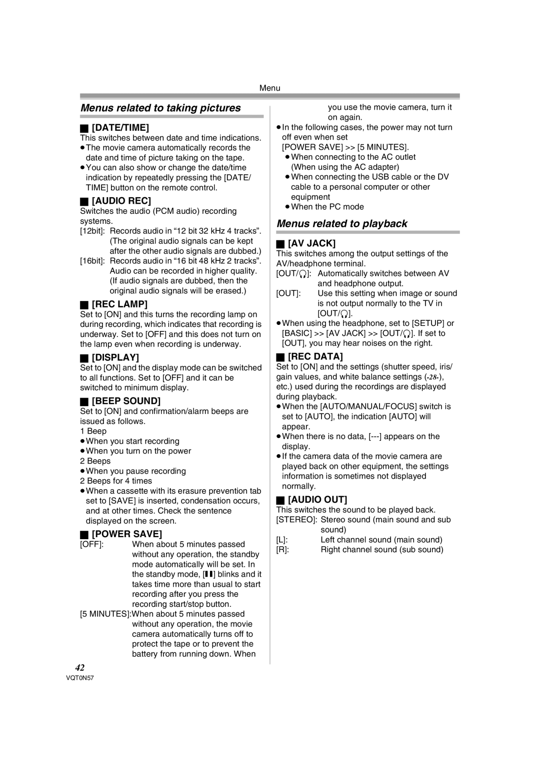 Panasonic NV-GS75EB operating instructions Menus related to taking pictures, Menus related to playback 