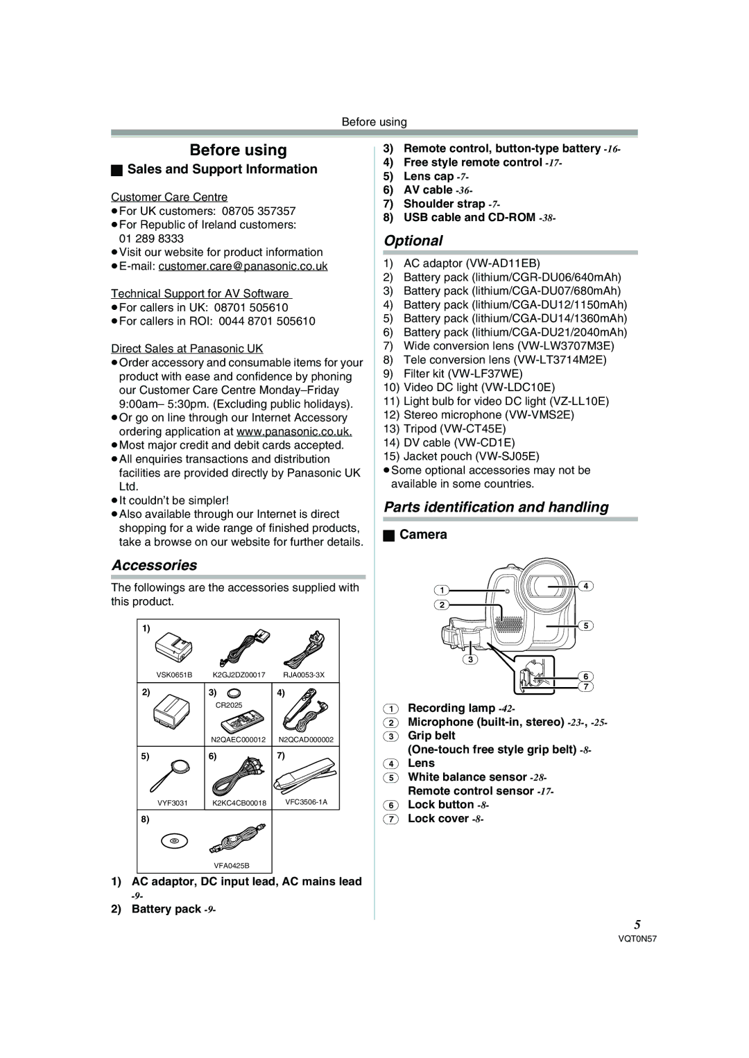 Panasonic NV-GS75EB operating instructions Before using, Accessories, Optional, Parts identification and handling 