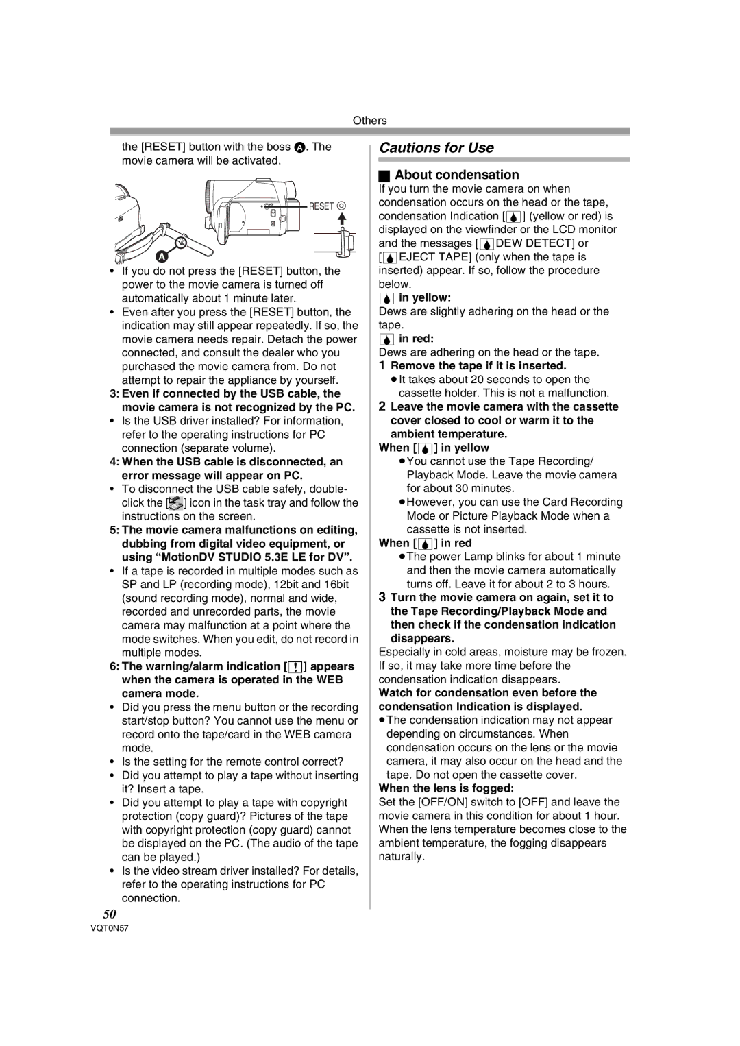 Panasonic NV-GS75EB operating instructions About condensation 