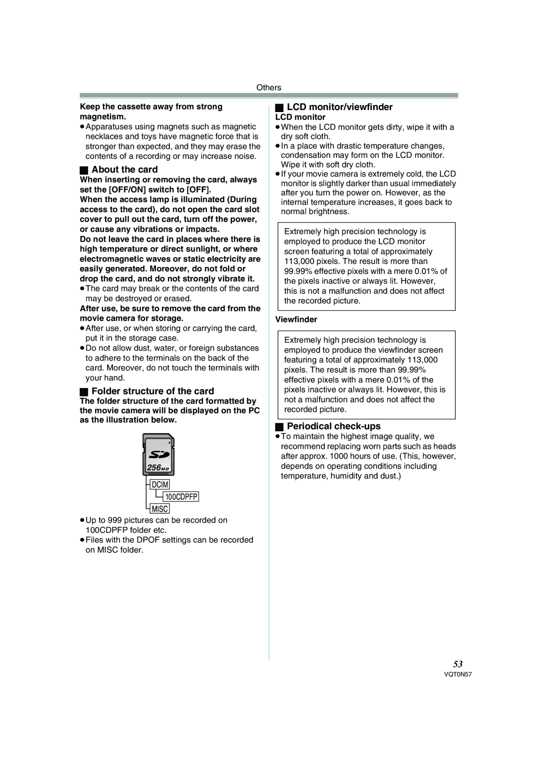 Panasonic NV-GS75EB About the card, Folder structure of the card, LCD monitor/viewfinder, Periodical check-ups 