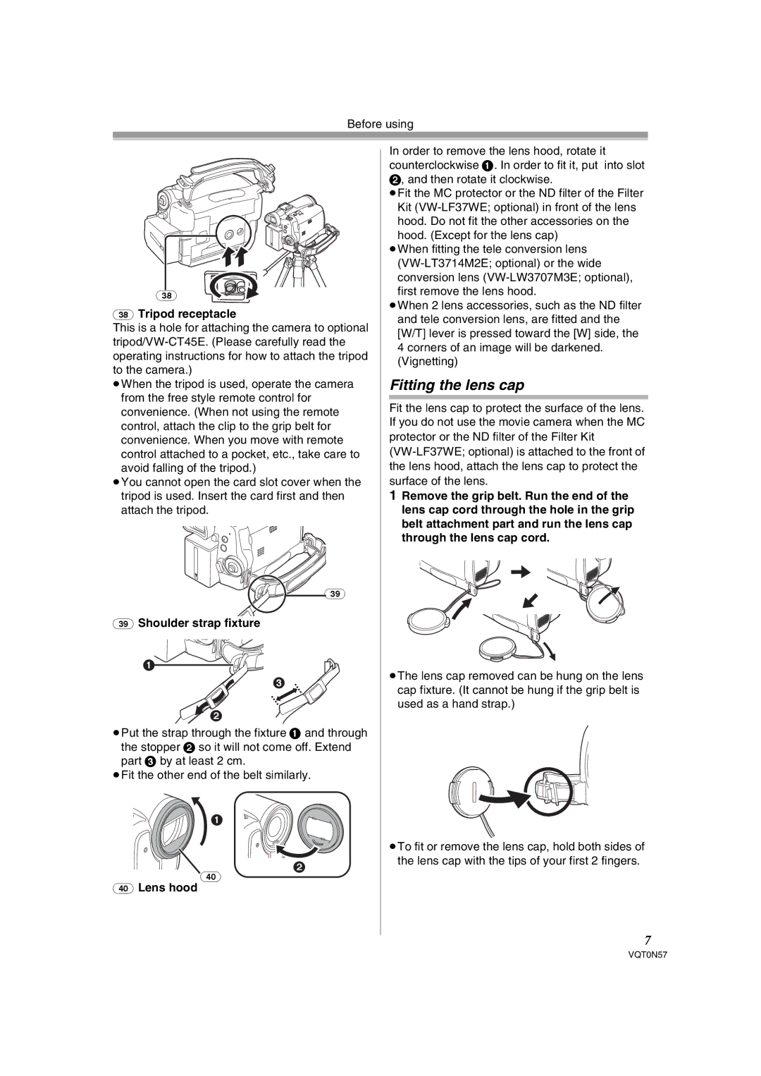 Panasonic NV-GS75EB operating instructions Fitting the lens cap, Tripod receptacle, Shoulder strap fixture, Lens hood 