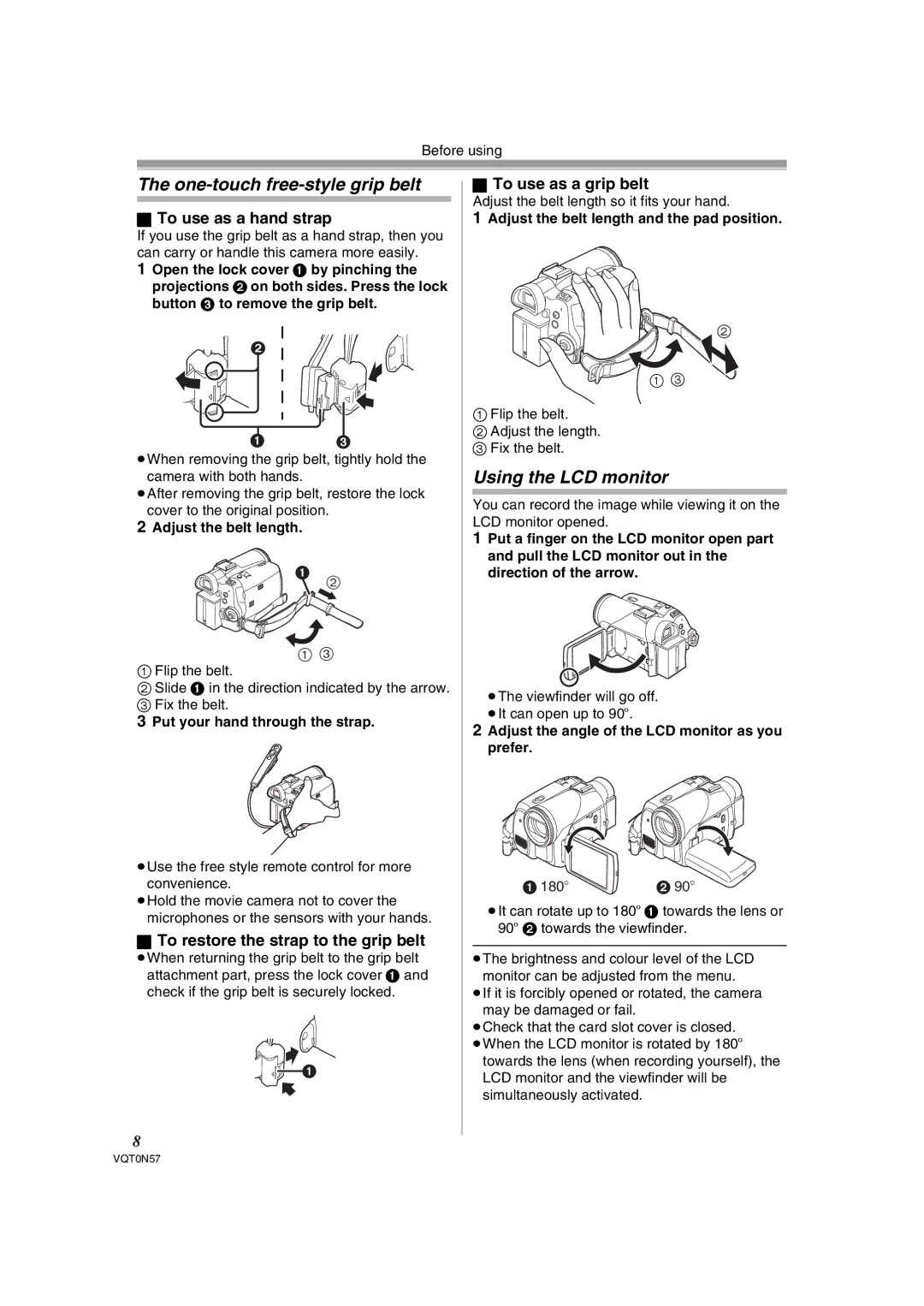 Panasonic NV-GS75EB One-touch free-style grip belt, Using the LCD monitor, To use as a hand strap, To use as a grip belt 