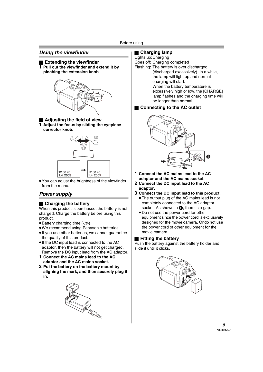 Panasonic NV-GS75EB operating instructions Using the viewfinder, Power supply 