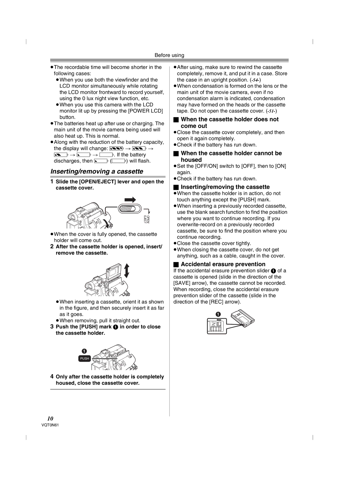 Panasonic NV-GS75GN operating instructions Inserting/removing a cassette, When the cassette holder does not Come out 