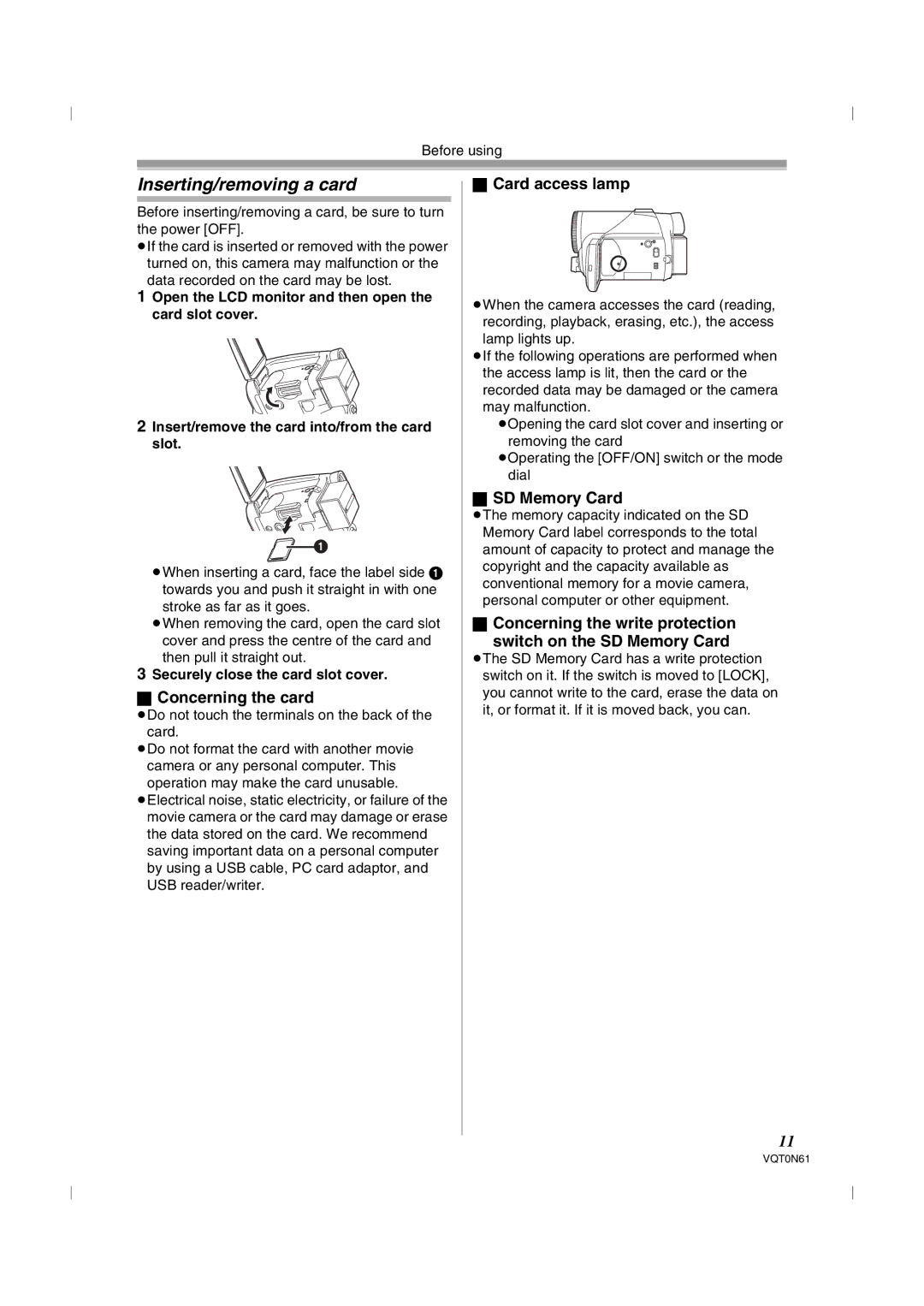 Panasonic NV-GS75GN operating instructions Inserting/removing a card, Concerning the card, Card access lamp, SD Memory Card 