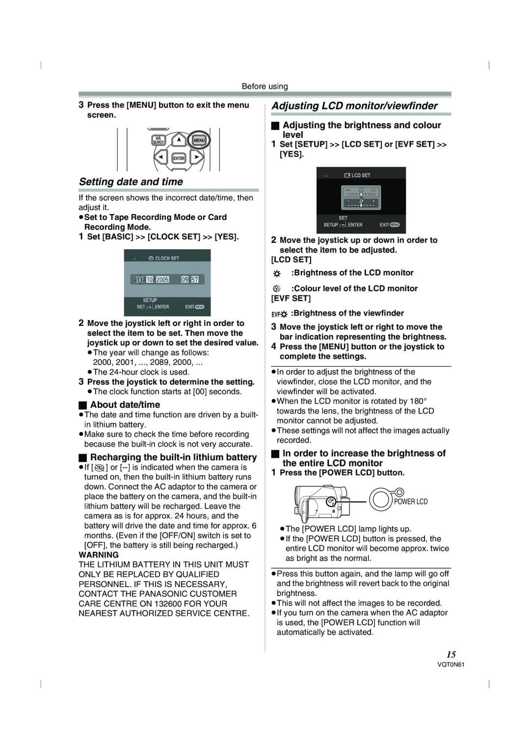 Panasonic NV-GS75GN operating instructions Setting date and time, Adjusting LCD monitor/viewfinder 