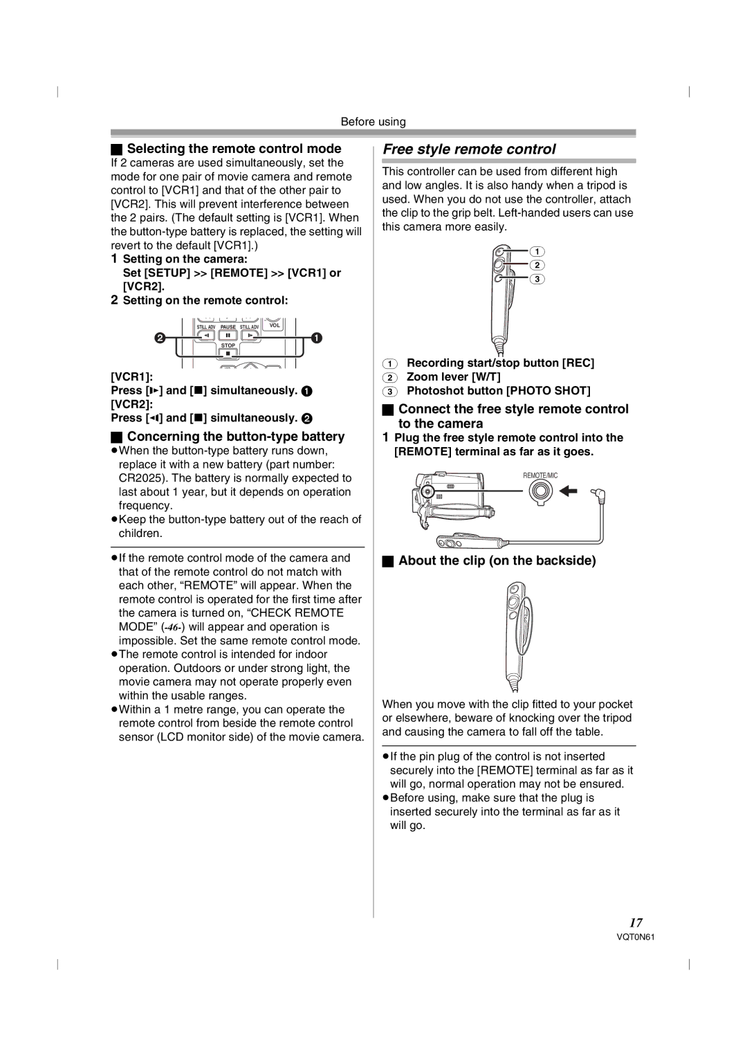 Panasonic NV-GS75GN Free style remote control, Selecting the remote control mode, Concerning the button-type battery 