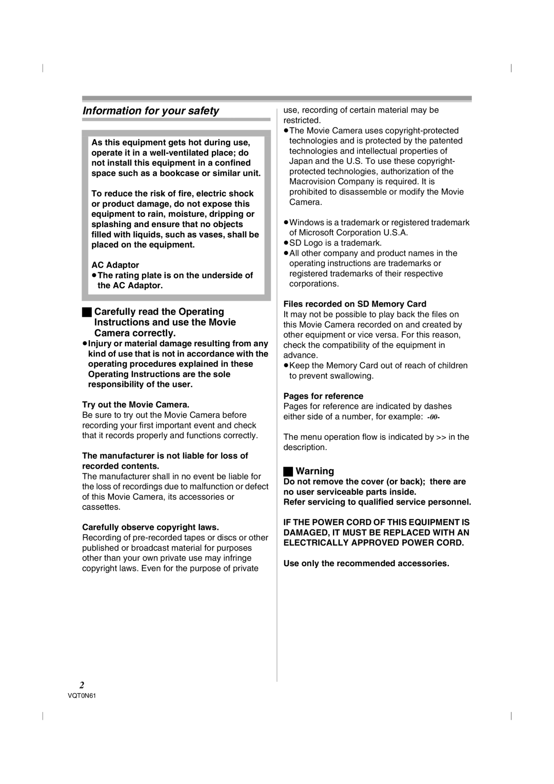 Panasonic NV-GS75GN operating instructions Information for your safety 