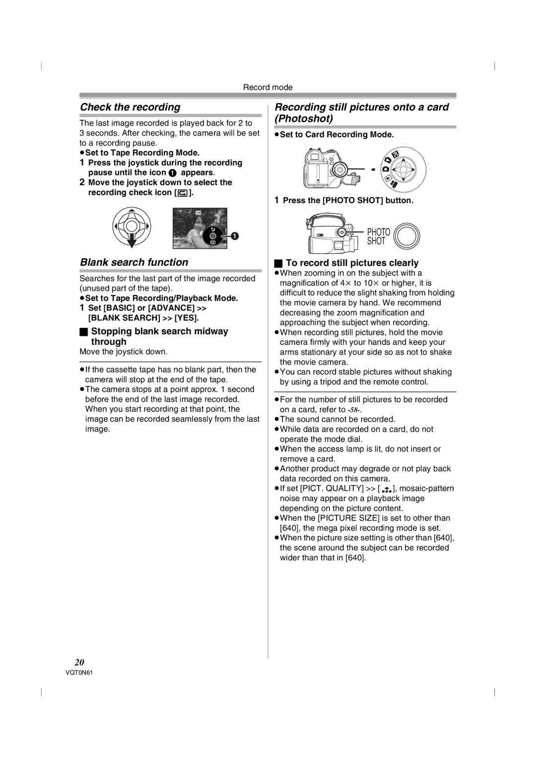 Panasonic NV-GS75GN Check the recording, Blank search function, Recording still pictures onto a card Photoshot 