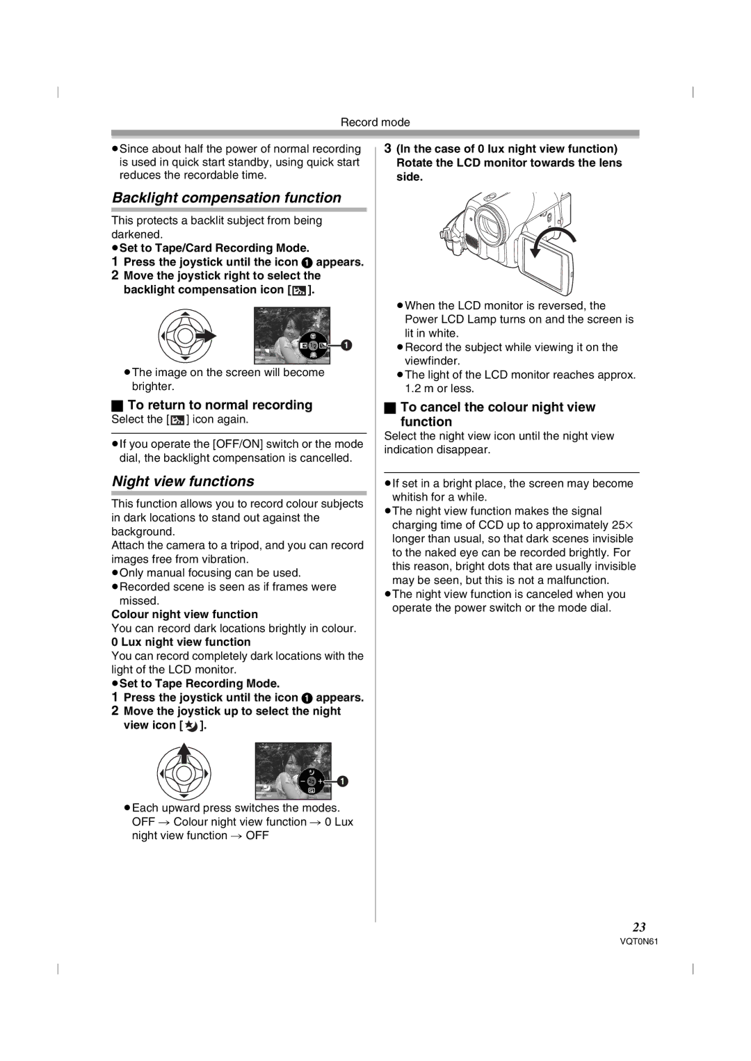 Panasonic NV-GS75GN Backlight compensation function, Night view functions, To return to normal recording 