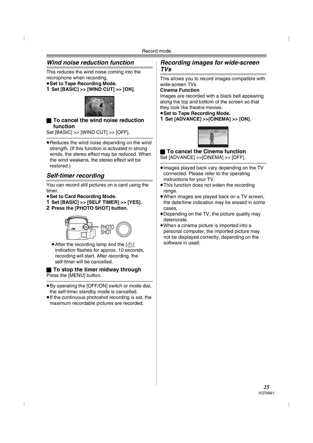 Panasonic NV-GS75GN Wind noise reduction function, Self-timer recording, Recording images for wide-screen TVs 