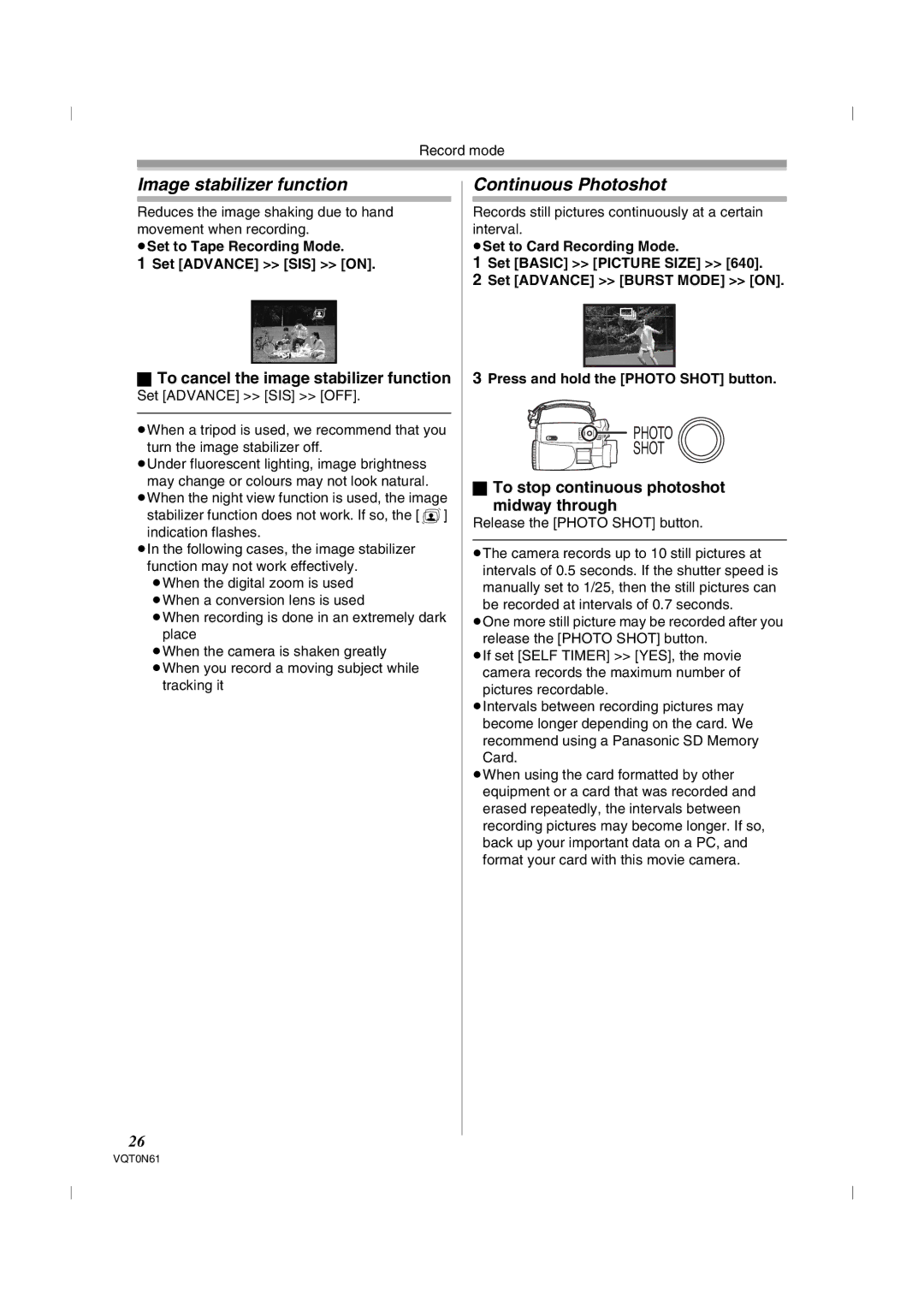 Panasonic NV-GS75GN Image stabilizer function, Continuous Photoshot, To cancel the image stabilizer function 