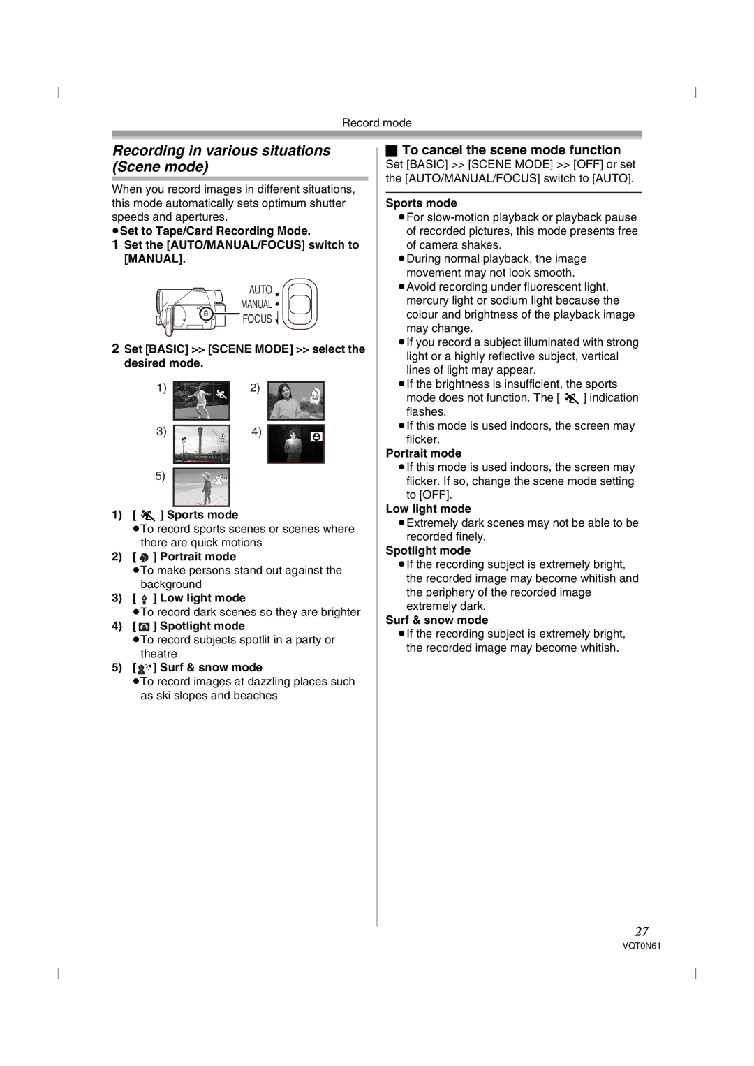 Panasonic NV-GS75GN operating instructions Recording in various situations Scene mode, To cancel the scene mode function 