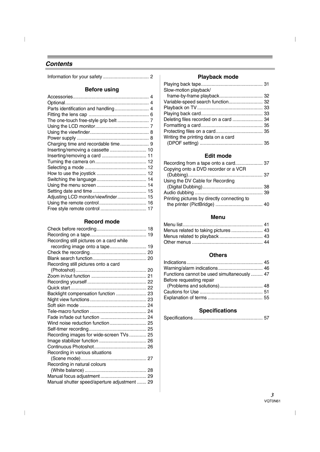 Panasonic NV-GS75GN operating instructions Contents 