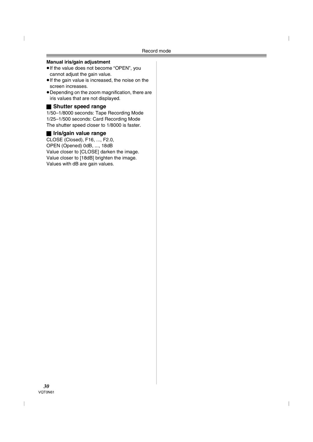 Panasonic NV-GS75GN operating instructions Shutter speed range, Iris/gain value range, Manual iris/gain adjustment 