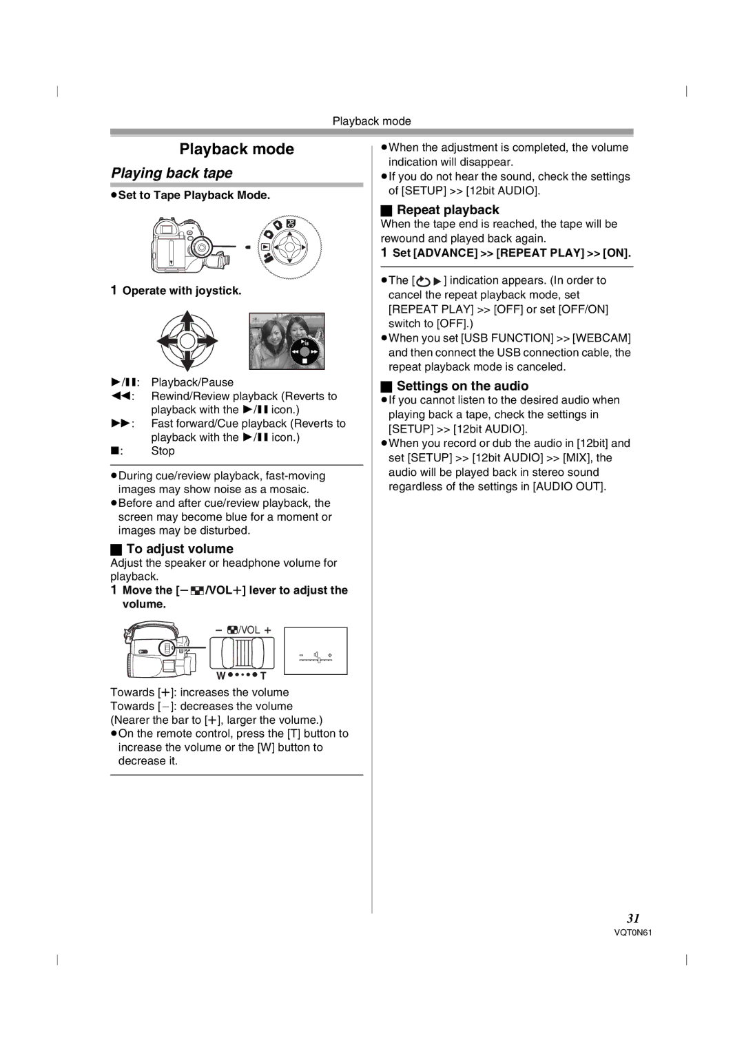 Panasonic NV-GS75GN Playback mode, Playing back tape, To adjust volume, Repeat playback, Settings on the audio 