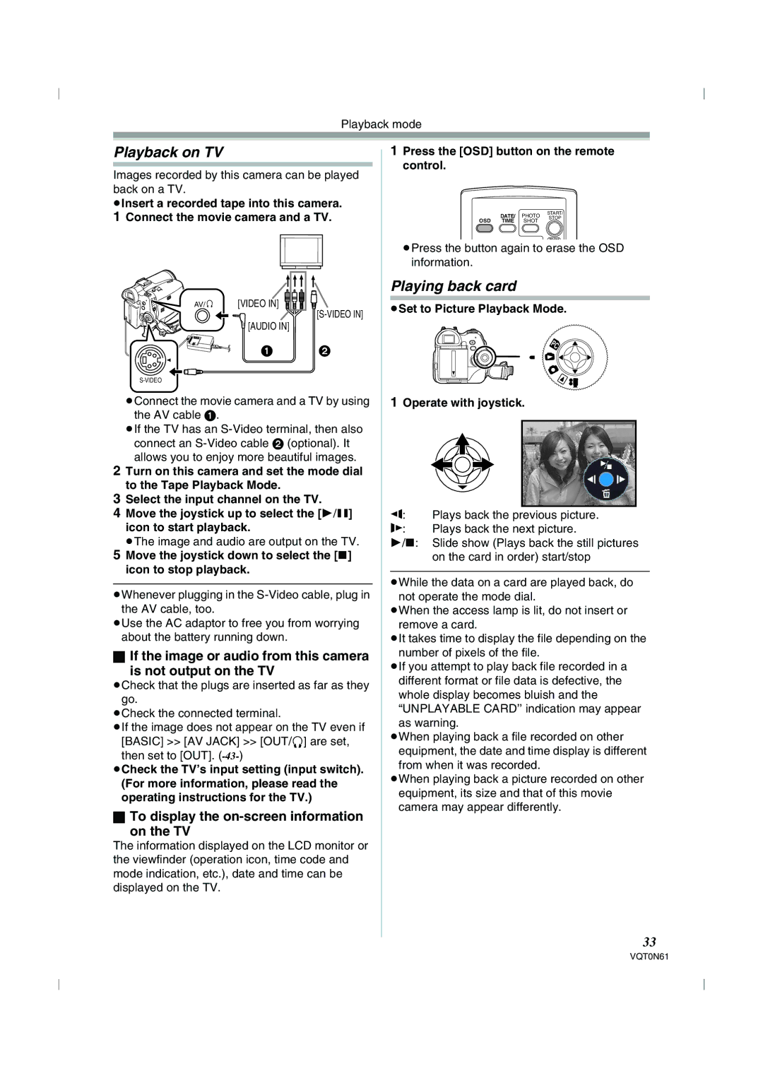 Panasonic NV-GS75GN Playback on TV, Playing back card, To display the on-screen information On the TV 