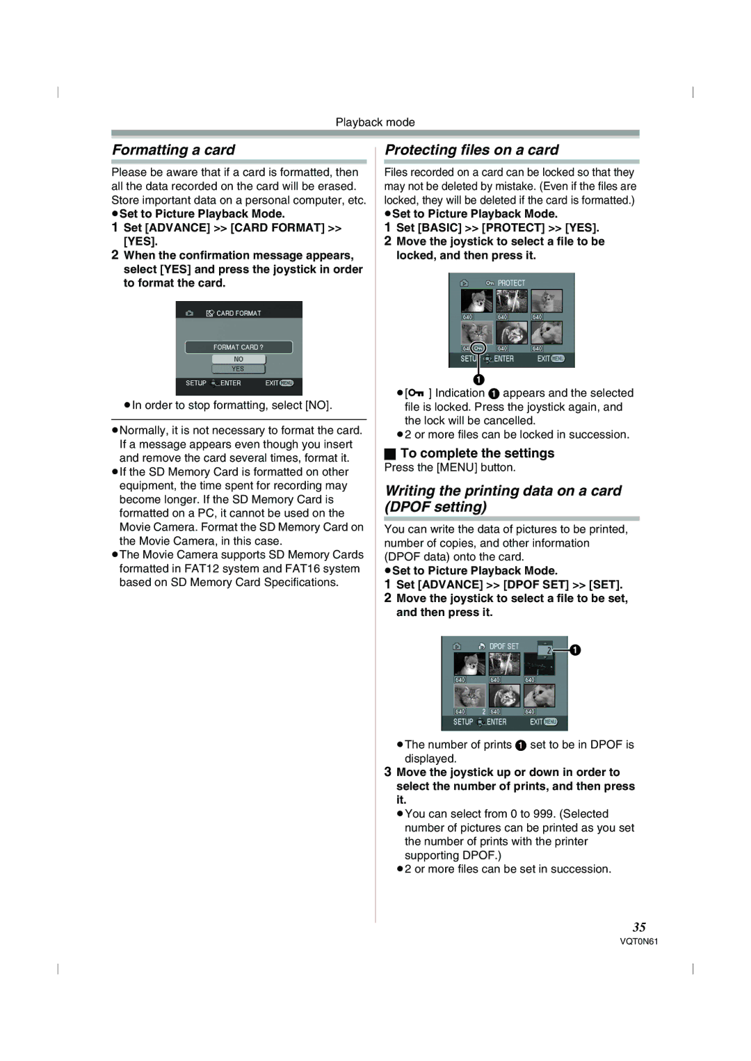 Panasonic NV-GS75GN Formatting a card, Protecting files on a card, Writing the printing data on a card Dpof setting 