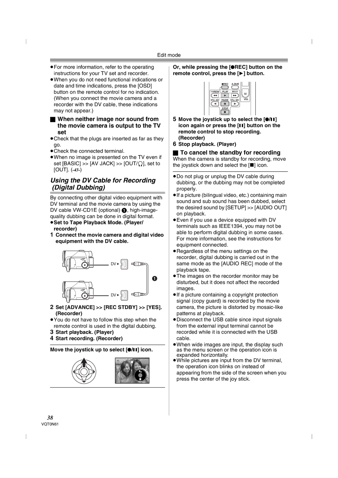 Panasonic NV-GS75GN Using the DV Cable for Recording Digital Dubbing, To cancel the standby for recording 