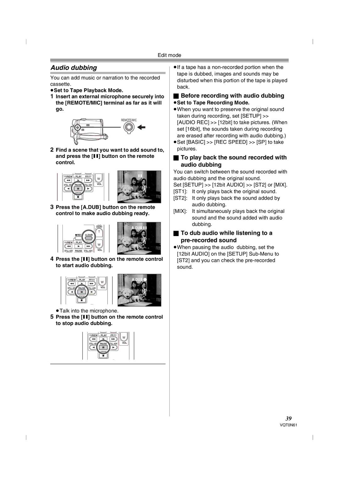 Panasonic NV-GS75GN Before recording with audio dubbing, To play back the sound recorded with Audio dubbing 