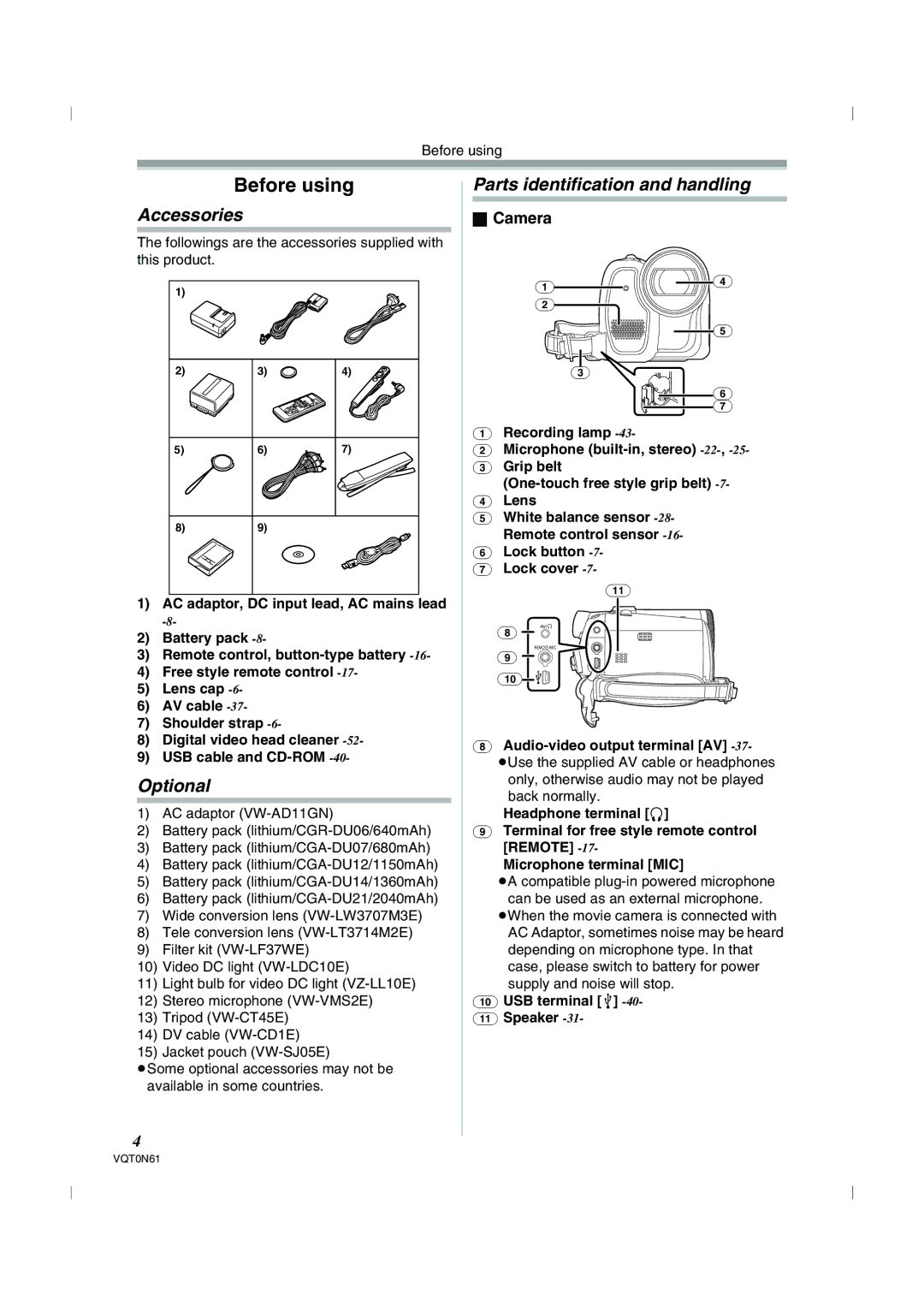 Panasonic NV-GS75GN operating instructions Before using, Accessories, Optional, Parts identification and handling, Camera 