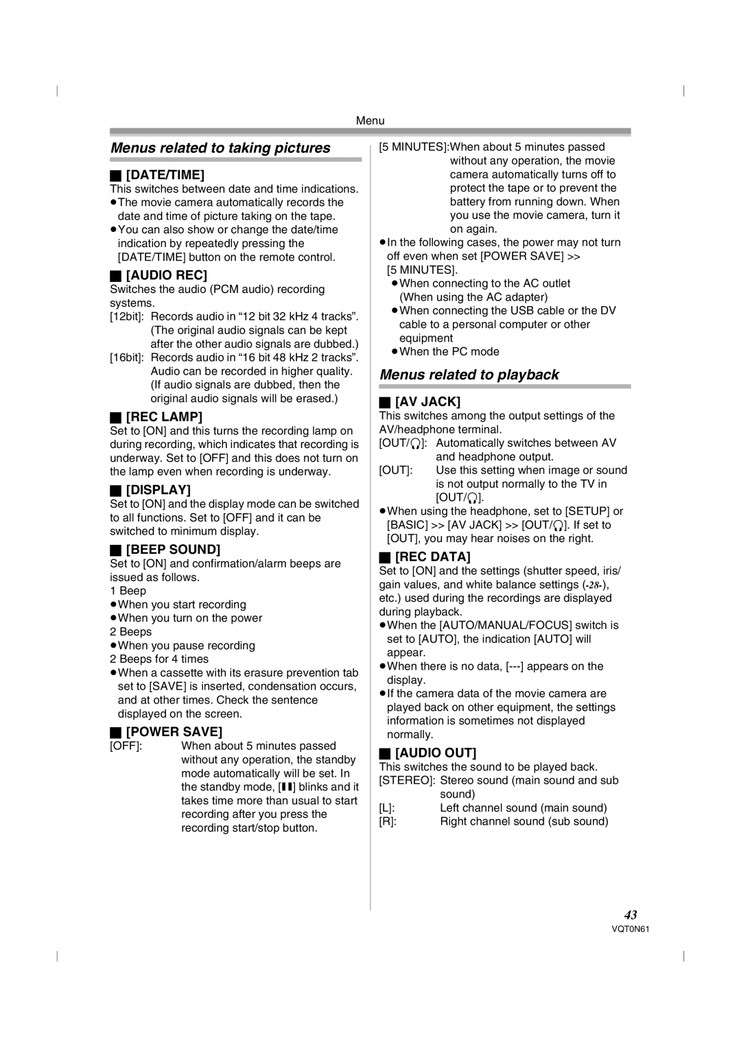 Panasonic NV-GS75GN operating instructions Menus related to taking pictures, Menus related to playback 