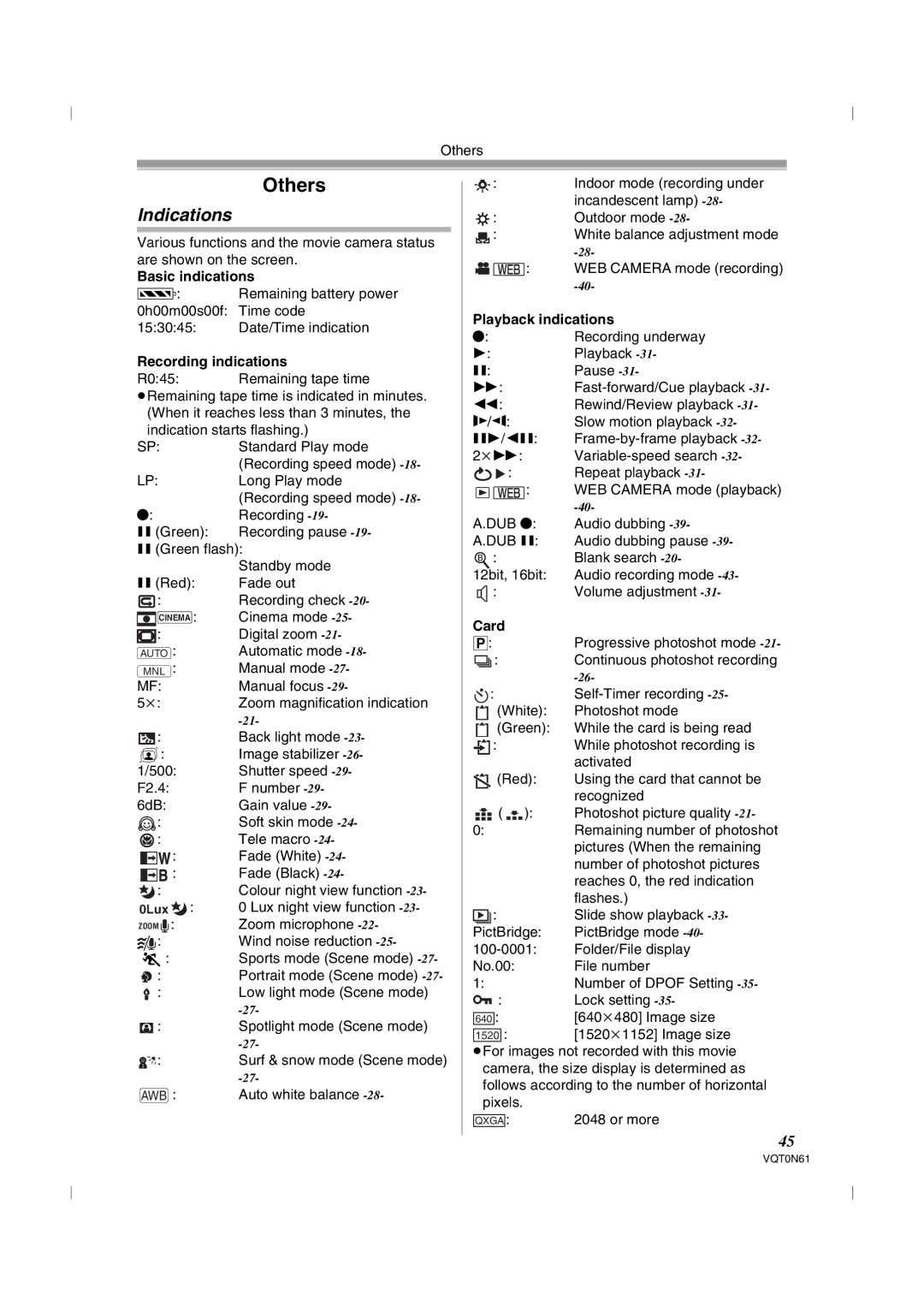 Panasonic NV-GS75GN operating instructions Others, Indications 