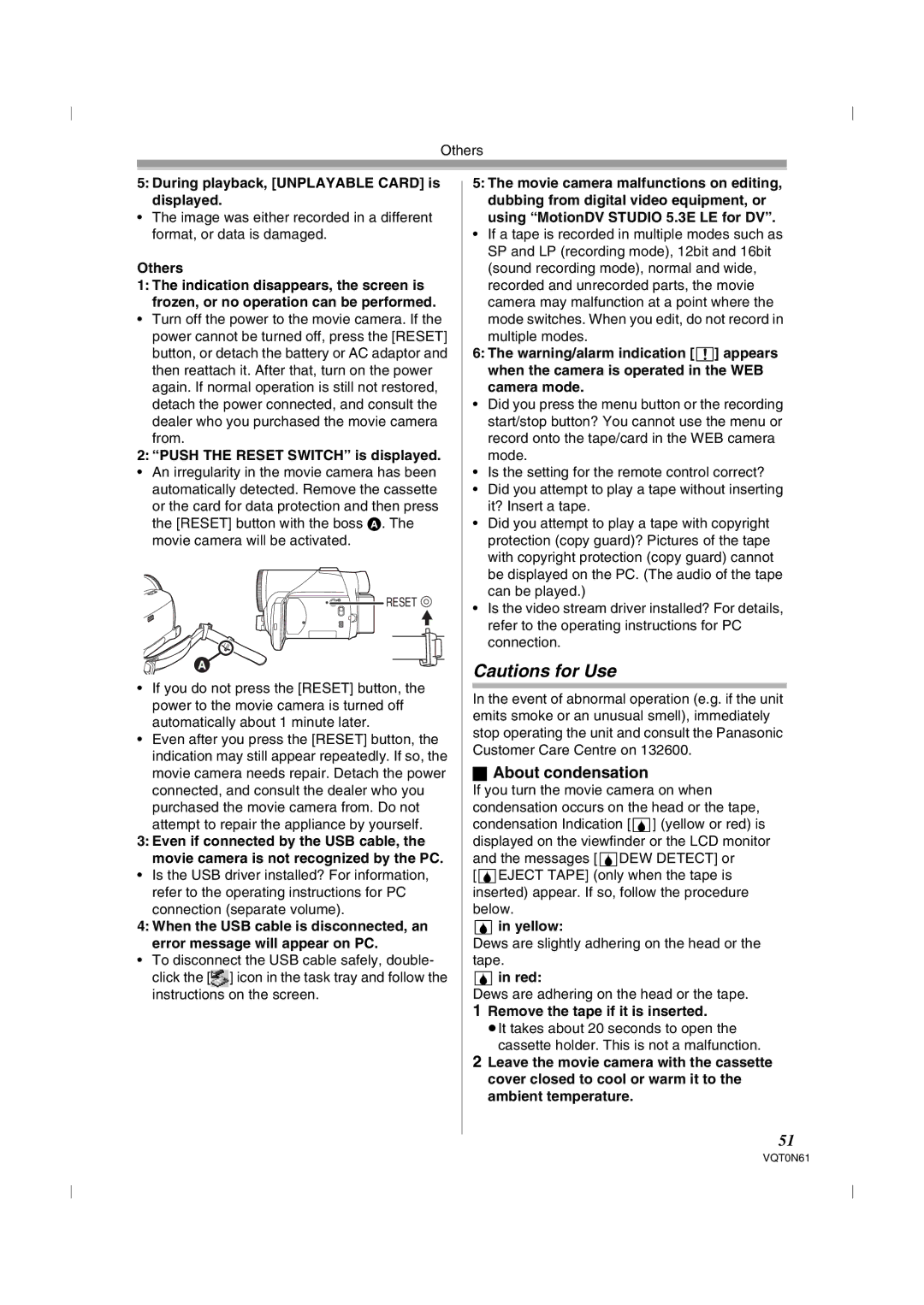 Panasonic NV-GS75GN operating instructions About condensation 