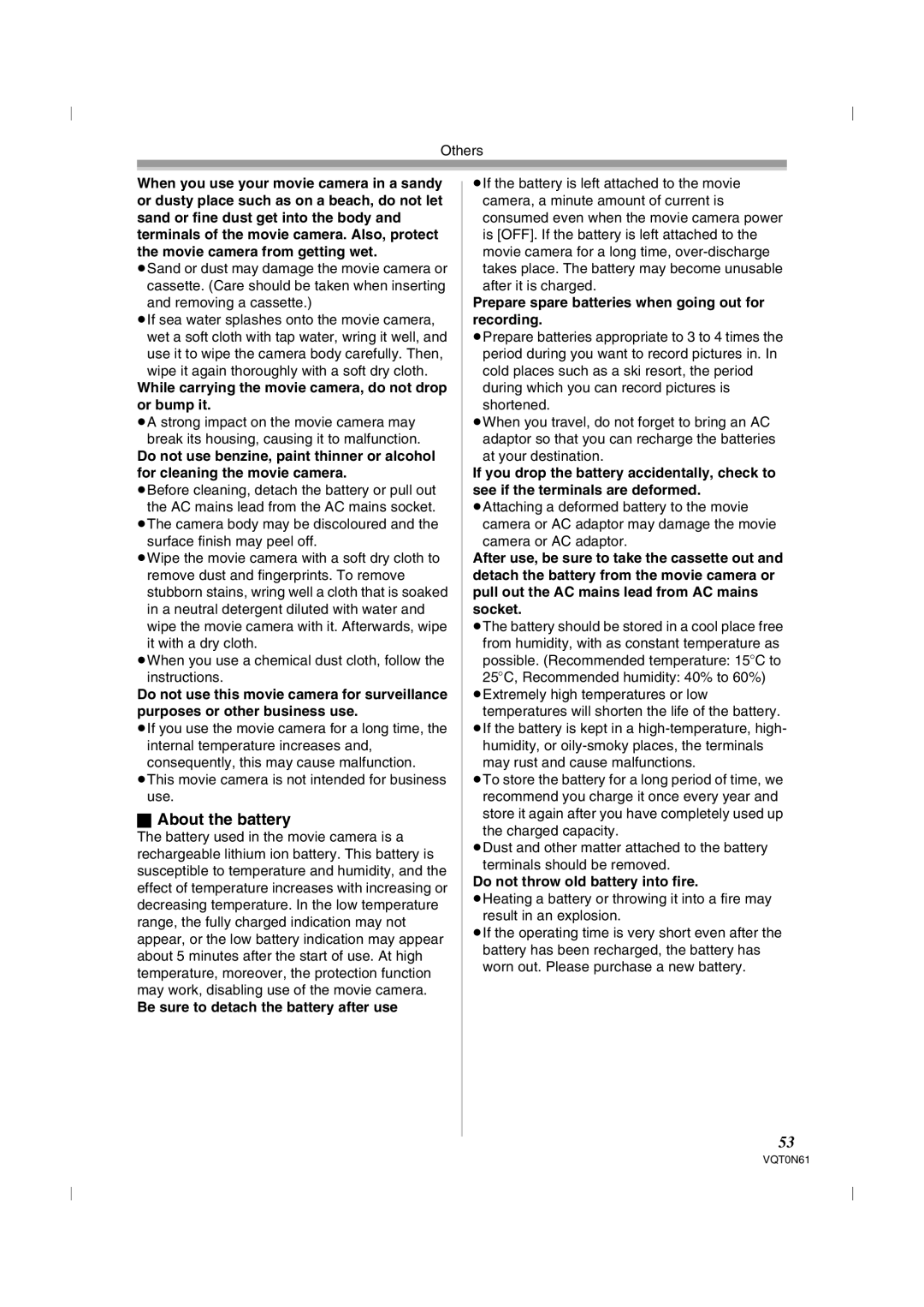 Panasonic NV-GS75GN operating instructions About the battery, While carrying the movie camera, do not drop or bump it 