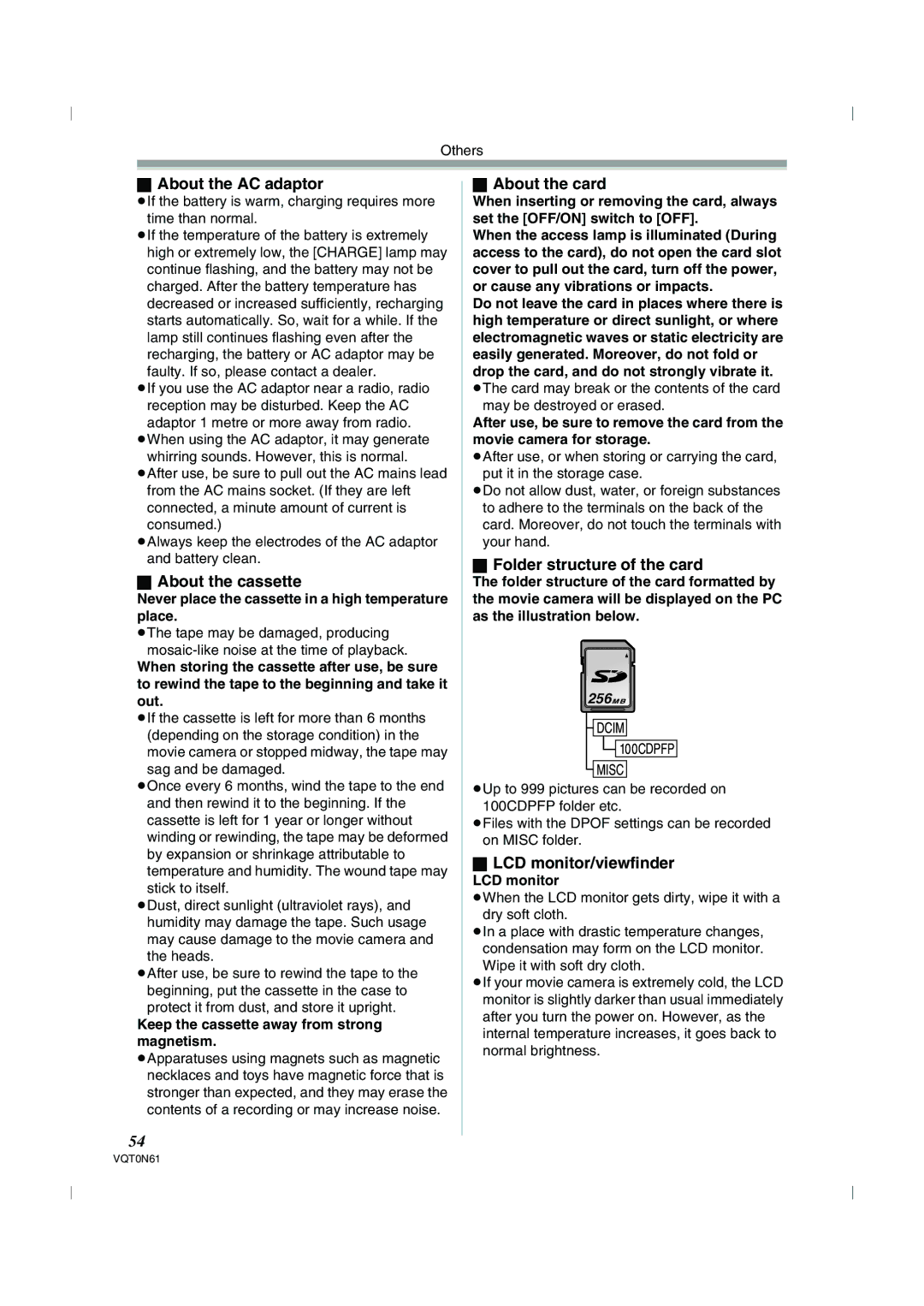 Panasonic NV-GS75GN About the AC adaptor, About the cassette, About the card, Folder structure of the card 