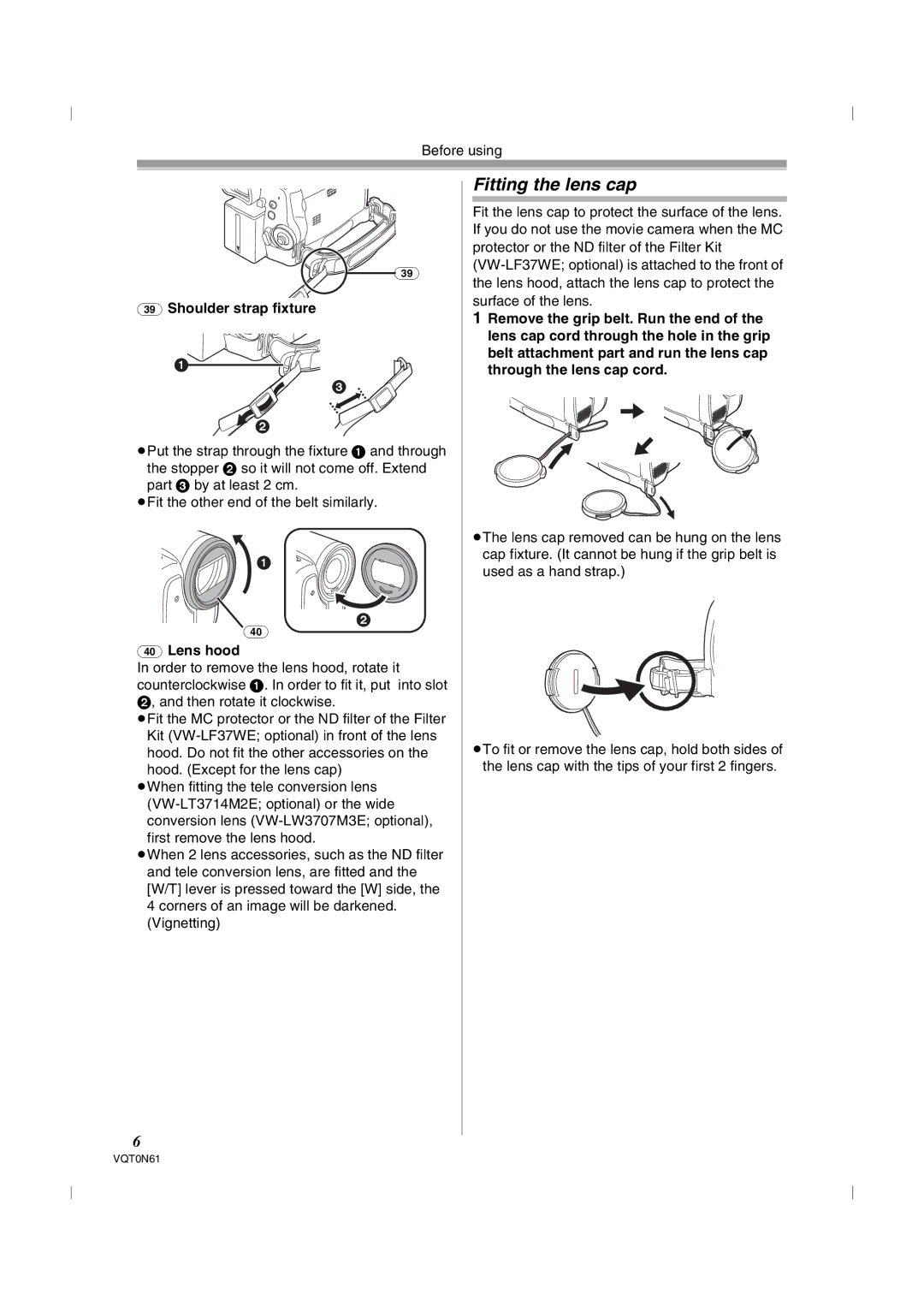 Panasonic NV-GS75GN operating instructions Fitting the lens cap, Shoulder strap fixture, Lens hood 