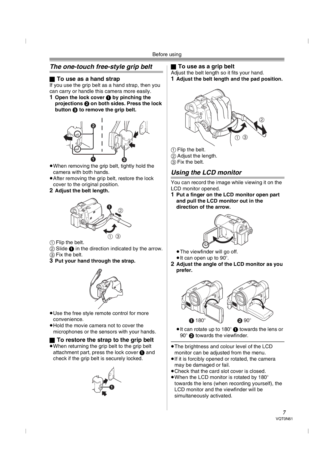 Panasonic NV-GS75GN One-touch free-style grip belt, Using the LCD monitor, To use as a hand strap, To use as a grip belt 